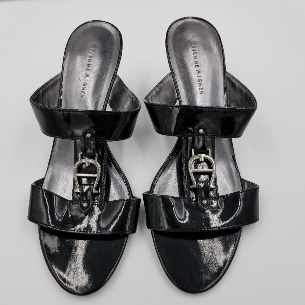 Etienne Aigner Patent Leather Black Open Toe Pumps